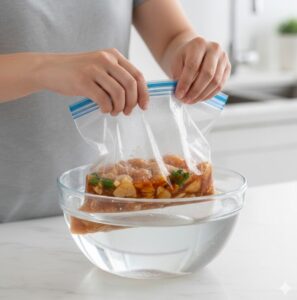 下味冷凍で冷凍焼けを防ぐため、水圧を利用して保存袋から空気を徹底的に抜くための簡単な手順図。